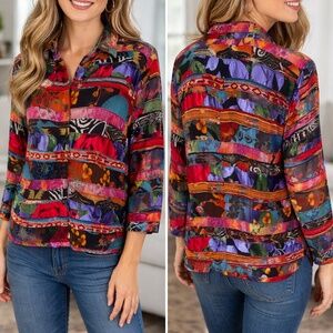 Chico’s Vintage Patchwork Silk Shirt | Size 1 (Fits L–XL)